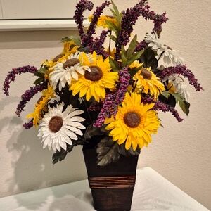Sunflower and Daisy Floral Arrangement in Brown Vase